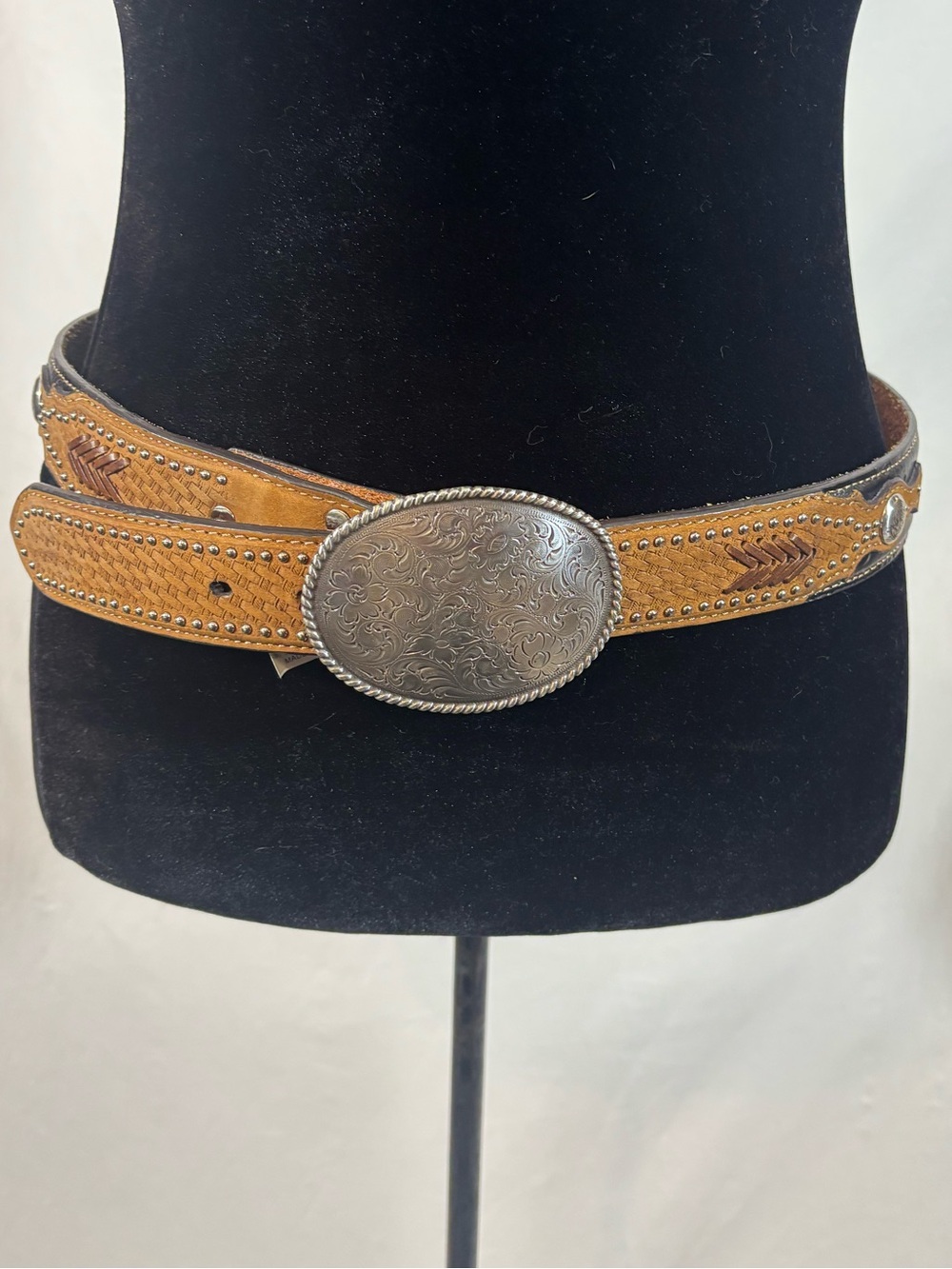 Nocona Two Tone Leather Western Belt Strap Tooled Concho Cowgirl Brown Black 34
